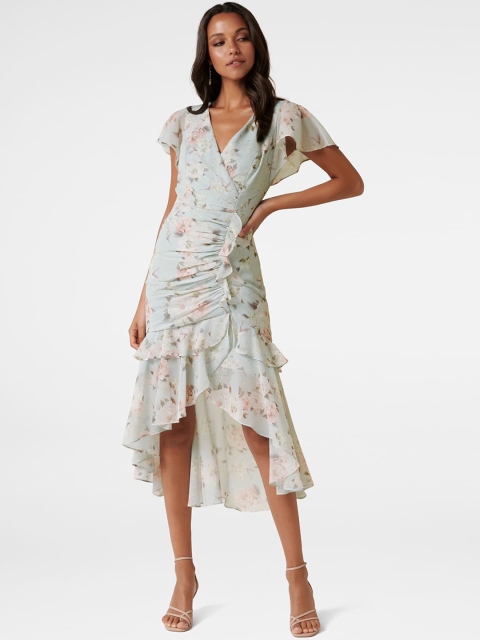 

Forever New Women Sea Green & Cream-Coloured Printed Wrap Dress