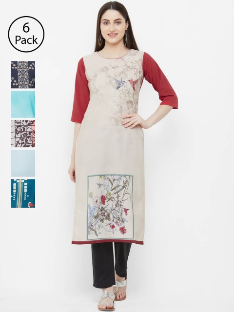 

7Threads Women Pack of 6 Printed Straight Kurtas, Beige