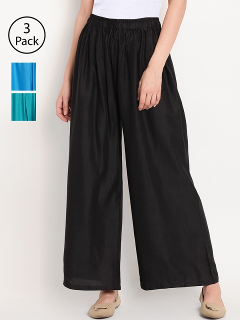 

TAG 7 Women Pack of 3 Solid Wide Leg Palazzos, Black
