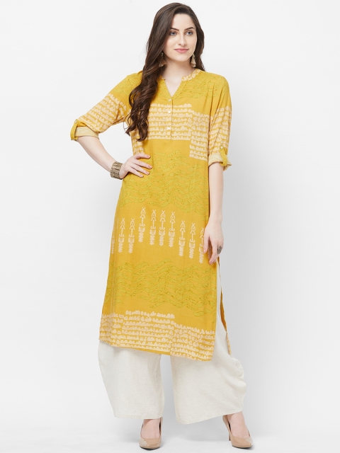 

Fusion Beats Women Yellow Printed Straight Kurta
