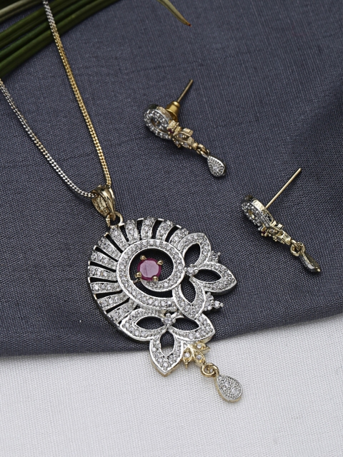 

ZeroKaata Gold-Plated White & Red AD & Stone-Studded Floral Jewellery Set
