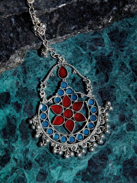 

ZeroKaata Silver Plated Blue & Red Oxidised Enamelled Tribal Maang Tikka