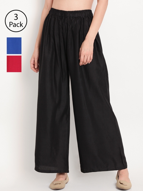 

TAG 7 Women Pack of 3 Solid Wide Leg Palazzos, Black