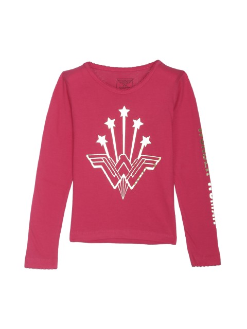 

Kids Ville Girls Pink & White Wonderwoman Printed Round Neck T-shirt
