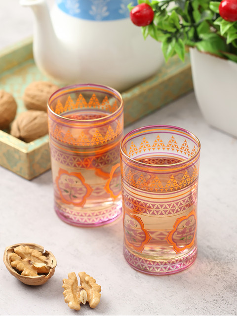 

India Circus by Krsnaa Mehta Set Of 2 Purple Printed Small Glass Tumblers 200ml each