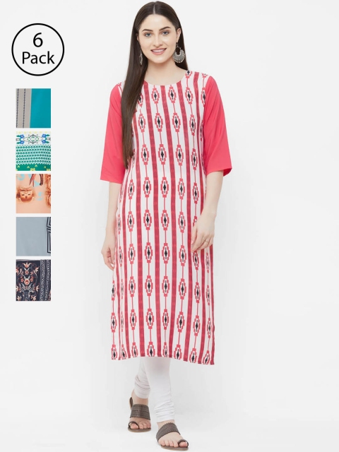

7Threads Women Pack of 6 Printed Straight Kurtas, Red