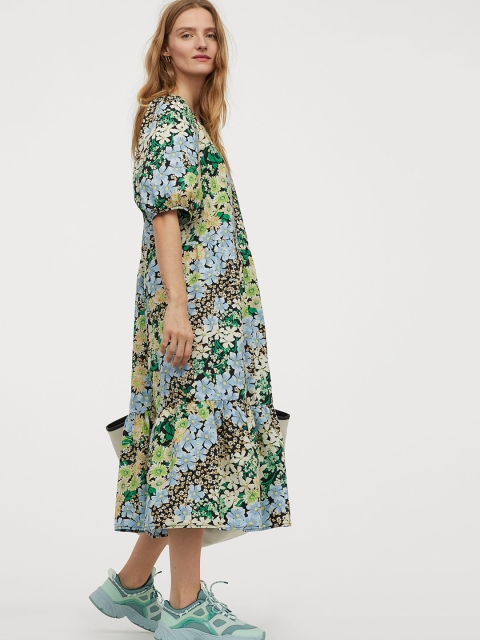 

H&M Women Black & Green Printed Puff-sleeved dress