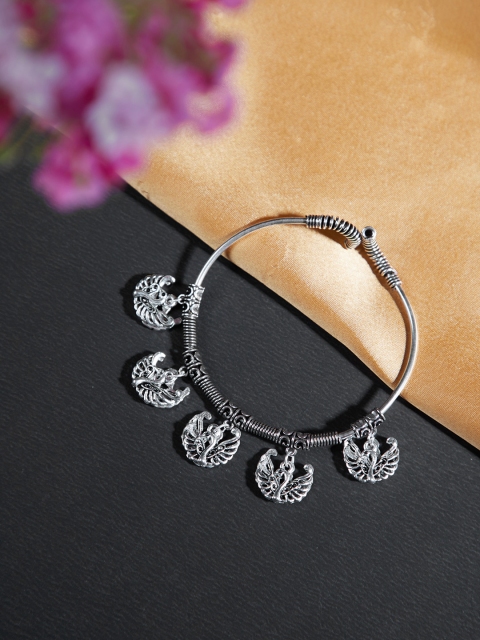 ZeroKaata Women Silver-Plated Oxidized Peacock Charm Bracelet