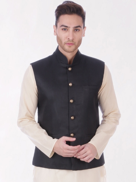 

RAJUBHAI HARGOVINDAS Men Black Solid Khadi Nehru Jacket