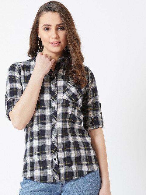 The Dry State Women Navy Blue & White Slim Fit Checked Casual Shirt