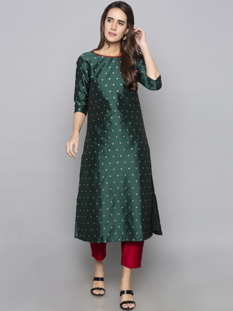 

Desi Weavess Women Green Woven Design A-Line Kurta
