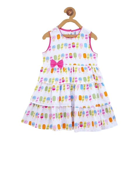 

Campana Girls White & Pink Printed Fit and Flare Dress