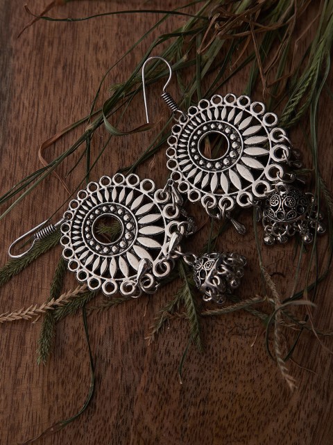 

ZeroKaata Silver-Toned Oxidised Circular Drop Earrings