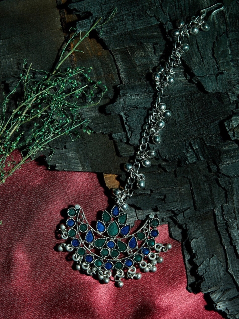 

ZeroKaata Oxidised Silver-Plated Blue & Green Enamelled Chandbali Maang Tikka