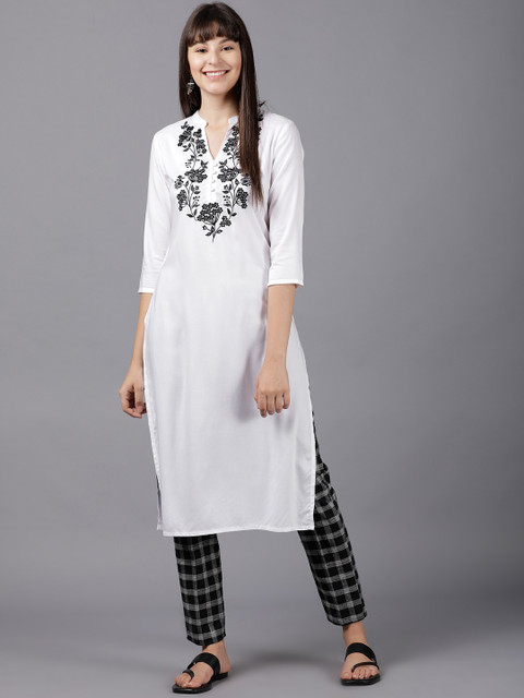 

Vishudh Women White Embroidered Kurta with Trousers