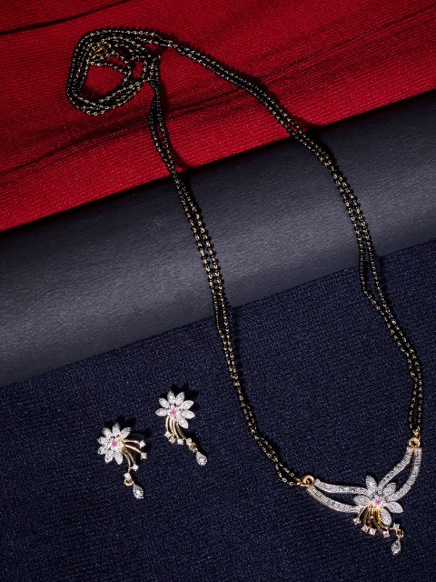 

ZeroKaata Gold-Plated Black & White AD-Studded Flower Pendant Mangalsutra With Earrings