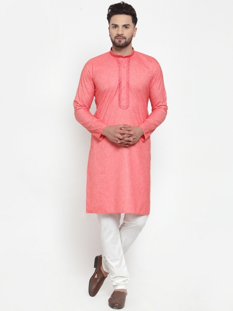 

Jompers Men Coral Pink & White Solid Kurta with Churidar