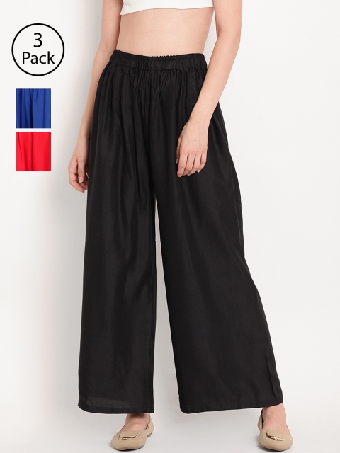 

TAG 7 Women Pack of 3 Solid Wide Leg Palazzos, Black