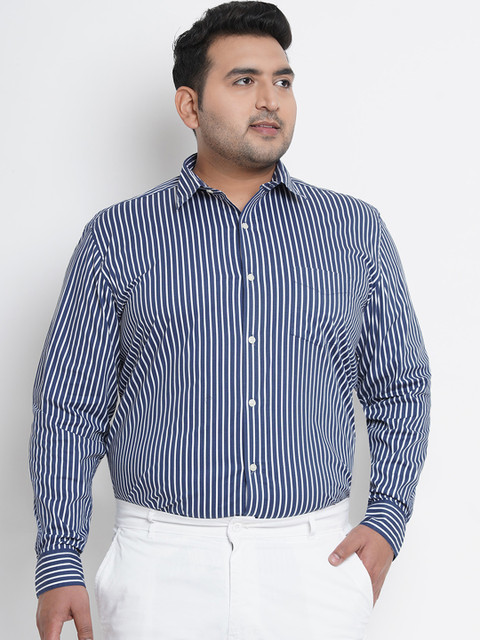 

John Pride Plus Size Men Blue White Regular Fit Striped Formal Shirt