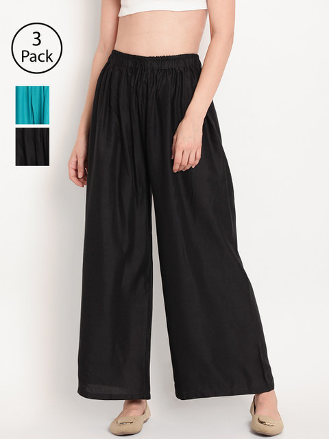 

TAG 7 Women Pack Of 3 Solid Wide Leg Palazzos, Black