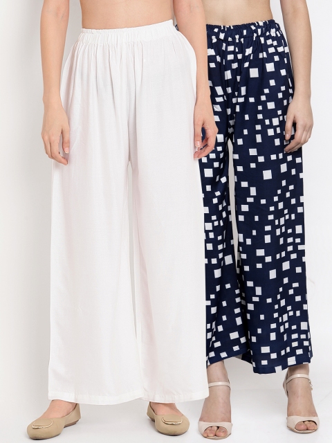 

TAG 7 Women Navy Blue & White Printed Wide Leg Palazzos