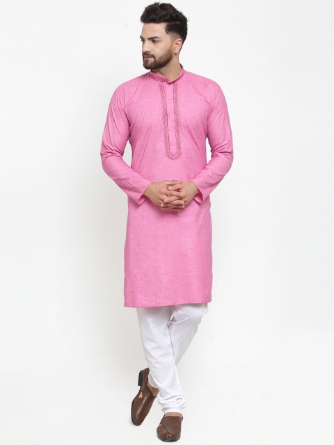 

Jompers Men Pink & White Solid Kurta with Churidar