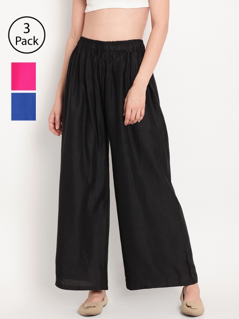 

TAG 7 Women Pack of 3 Solid Wide Leg Palazzos, Black