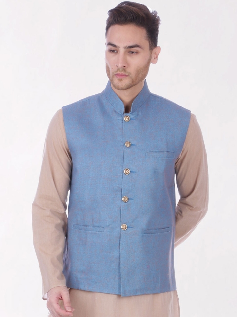 

RAJUBHAI HARGOVINDAS Men Blue Solid Khadi Nehru Jacket