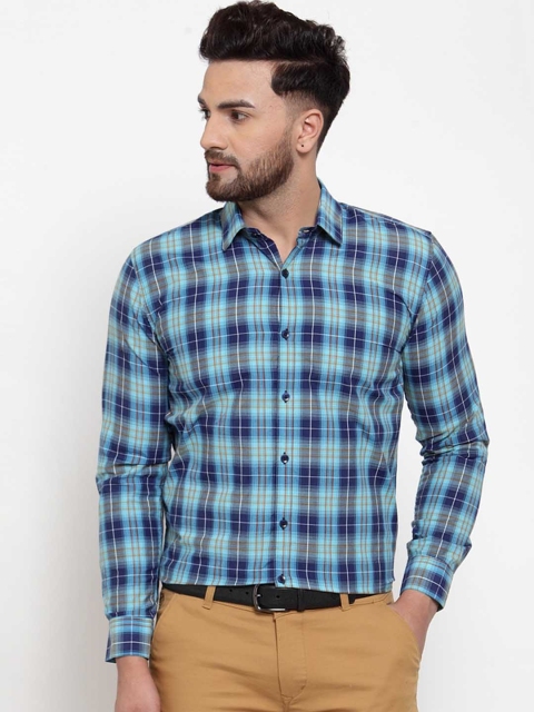 

JAINISH Men Blue & Turquoise Blue Regular Fit Checked Formal Shirt