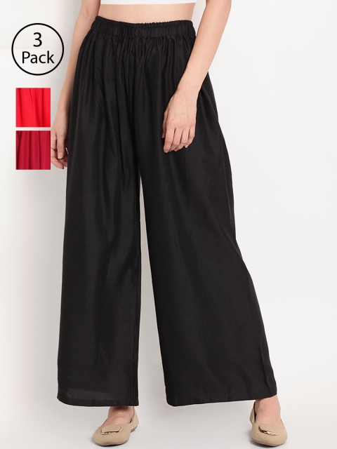 

TAG 7 Women Pack of 3 Solid Wide Leg Palazzos, Black