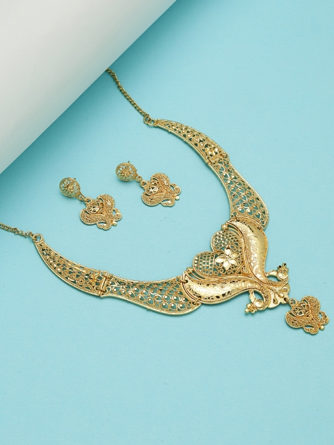 

ZeroKaata Women Gold-Plated Handcrafted Peacock & Flower Motifs Jewellery Set