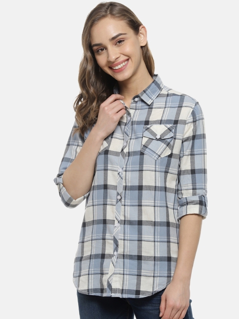 

Campus Sutra Women Blue & Off-White Regular Fit Checked Casual Shirt