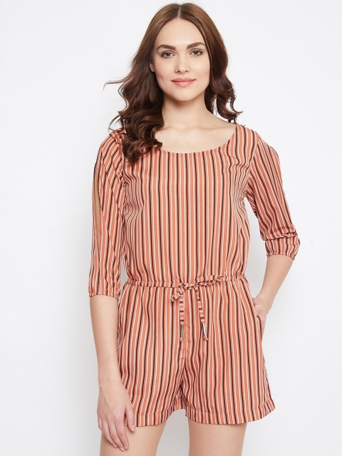 

PURYS Women Rust Brown & Black Striped Playsuit