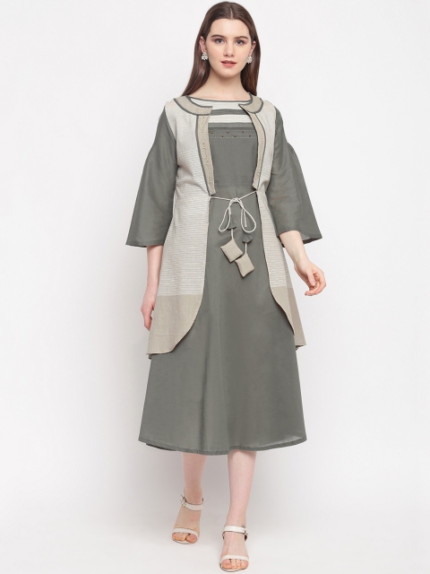 

Kvsfab Women Grey & Off-White Striped Fit and Flare Dress