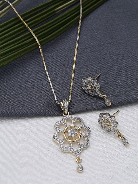 

ZeroKaata Gold-Plated & White American Diamond Studded Classic Floral Jewellery Set