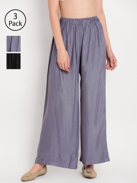 

TAG 7 Women Pack of 3 Solid Wide Leg Palazzos, Black