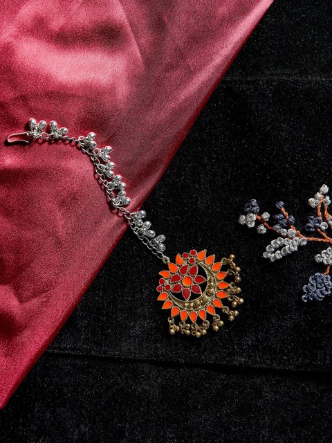 

ZeroKaata Oxidised Silver-Plated Gold-Toned & Orange Enamelled Tribal Maang Tikka