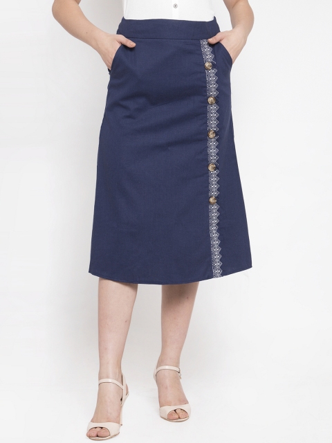 

Global Republic Women Navy Blue Solid Straight Midi Skirt