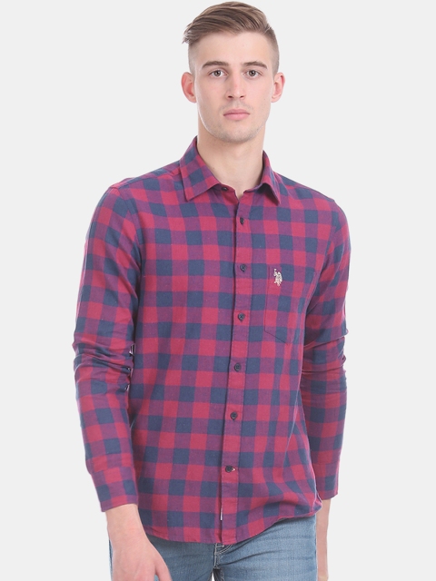 

U.S. Polo Assn. Men Pink & Blue Regular Fit Checked Cotton Linen Casual Shirt
