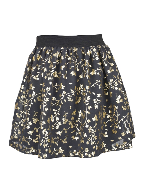 

Miyo Girls Black & Gold-Coloured Floral Printed Knee-Length Flared Skirt
