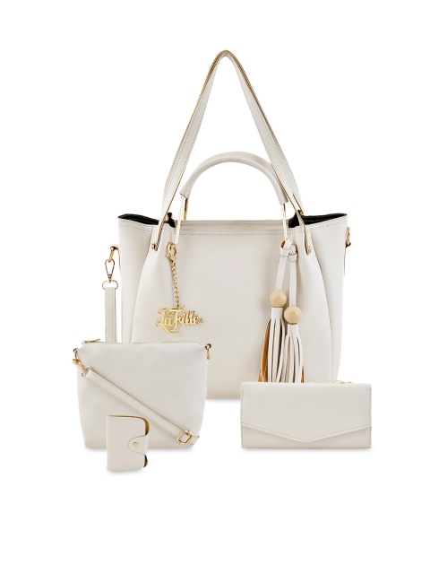 

LaFille Set of 4 White Solid Handbag With Wallet & Card Holder