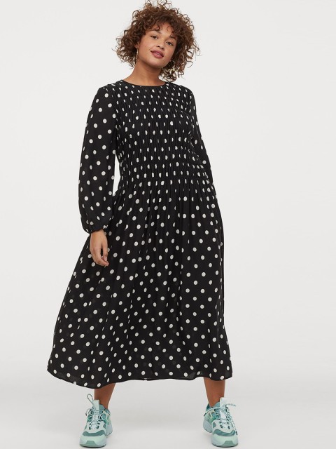 

H&M Women Black Printed Smocking-Detail Dress