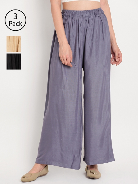 

TAG 7 Women Pack of 3 Wide Leg Palazzos, Black