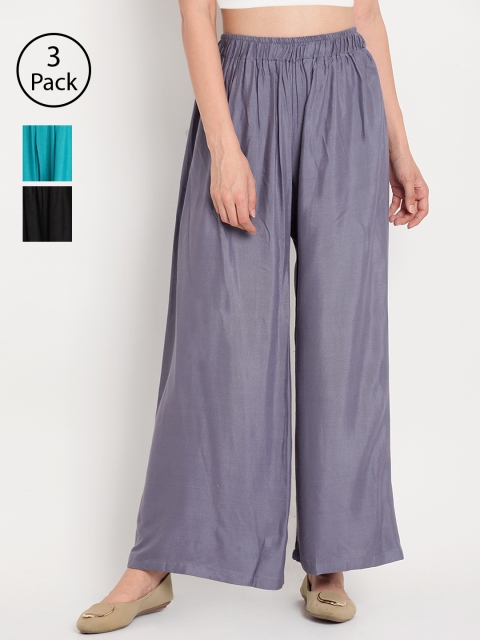

TAG 7 Women Pack Of 3 Solid Wide Leg Palazzos, Black