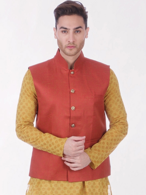 

RAJUBHAI HARGOVINDAS Men Red Solid Khadi Nehru Jacket