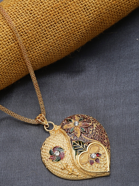 

ZeroKaata Gold-Plated Green & Maroon Enamelled Heart Pendant with Chain