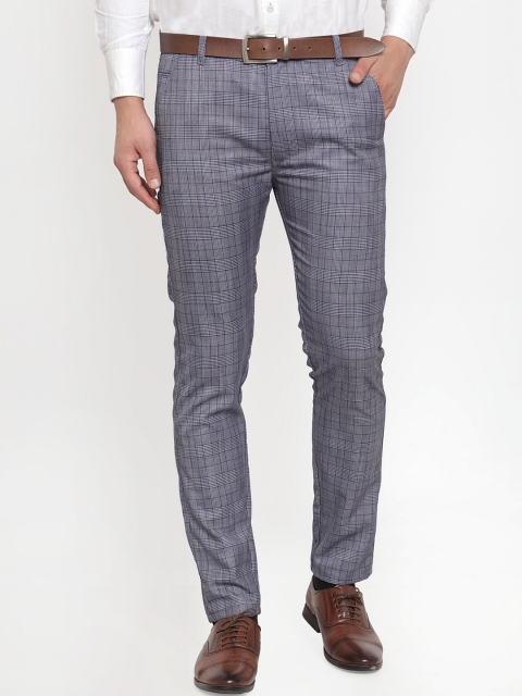 JAINISH Men Blue & White Smart Slim Fit Checked Regular Trousers