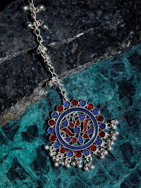 

ZeroKaata Silver Plated Blue & Red Oxidised Enamelled Tribal Maang Tikka