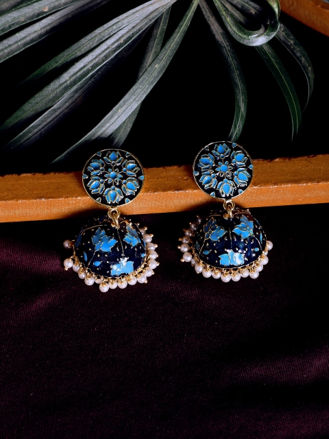 

ZeroKaata Blue & Gold-Toned Meenakari Dome Shaped Jhumkas