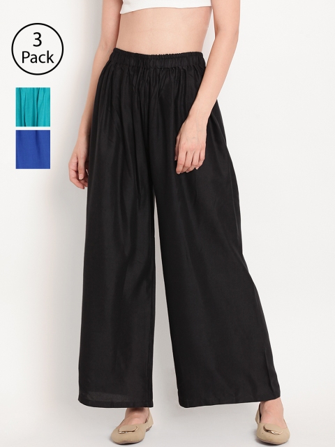 

TAG 7 Women Pack of 3 Solid Wide Leg Palazzos, Black